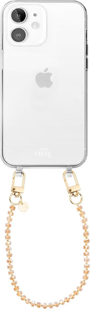 xoxo Wildhearts siliconen hoesje geschikt voor iPhone 12 hoesje - Crystal (Bruin) - Telefoonhoesje - Hoesje met koord - Kristal ketting - Kristallen met gouden details - kort telefoonkoord - Transparant hoesje