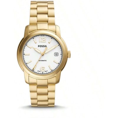 Montre Automatique Fossil Heritage Fashion pour Femme ME3226, Bracelet en Acier Inoxydable Doré & Cadran Blanc 38mm, Décoration de Vêtement Quotidien, Cadeau pour Femme blanc