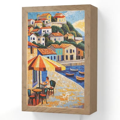 Wandlamp 20x30 cm - Oplaadbaar - Kustdorp - Huisjes - Mozaïek - Zee - Wandlampen binnen woonkamer - Slaapkamer lamp met kabel - Decoratieve nachtlamp - Vloerlamp snoer