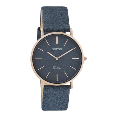 OOZOO Vintage series - rosé goudkleurige horloge met donker blauwe leren band - C20203 - Ø32