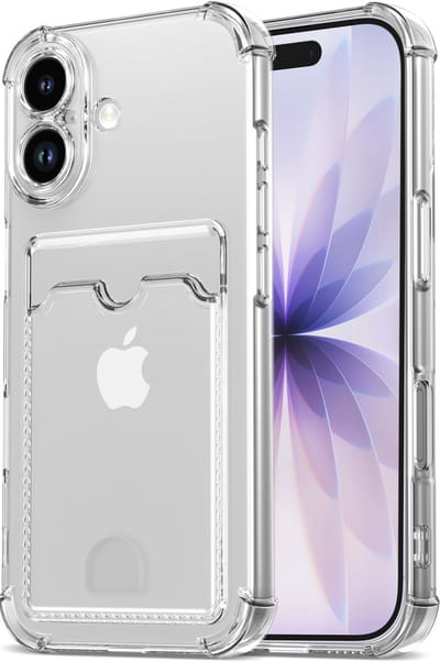 YPCd Pasjeshouder Hoesje Geschikt voor Apple iPhone 16 Plus – Backcover met Kaartvak – Shockproof TPU – Verhoogde Randen – Transparant