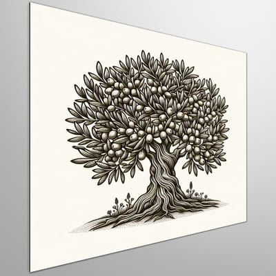 Line art olijfboom schilderij | Verfijnde lijnen dansen op de takken van de olijfboom | Kunst - 80x80 centimeter op Dibond | Foto op Dibond