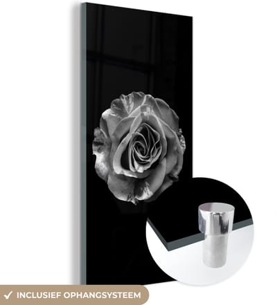 MuchoWow® Glasschilderij 60x120 cm - Schilderij acrylglas - Bloemen - Roos - Zwart - Wit - Botanisch - Foto op glas - Schilderijen