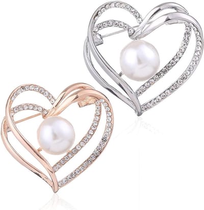 Elegante Hartvormige Parels Broche met Kristallen voor Bruiloften en Feestjes - 2 Stuks voor Dames, Geschikt voor Kleding, Jassen en Hoeden