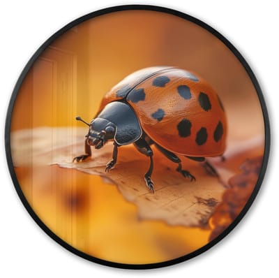Poster in lijst Rond - Fotolijst 60x60 cm - Posters - Lieveheersbeestje - Herfst - Insect - Rood - Bladeren - Ronde posterlijst zwart - Decoratie - Wanddecoratie woonkamer - Muurdecoratie slaapkamer