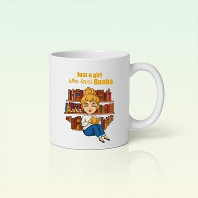 Just a Girl Who Loves Books Koffiemok 330ml – Gepersonaliseerd Cadeau voor Boekenliefhebbers, Schattig Leesontwerp Beker