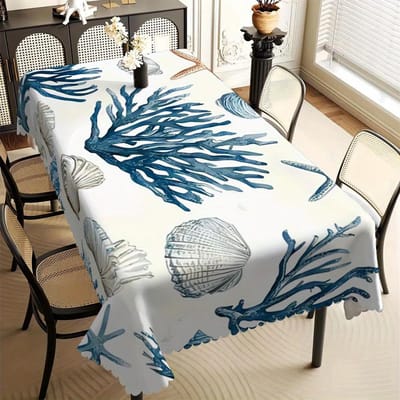 Blauw Koraal Tafelkleed Geïnspireerd op de Oceaan, Print van Schelpen & Zeesterren, Schone Golvende Rand, Vuilafstotend, voor Keuken, Banket & Kust 90x140cm gray