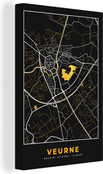 Canvas Schilderij Veurne - Goud - Plattegrond - Stadskaart - Kaart - 20x30 cm - Wanddecoratie