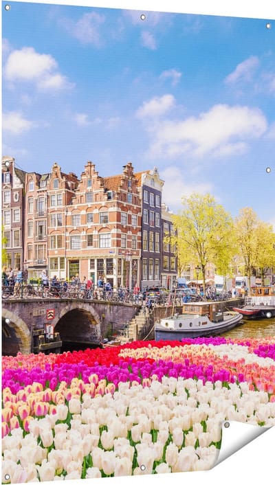 Gards Tuinposter Amsterdamse Huisjes aan de Grachten - 100x150 cm - Tuindoek - Tuindecoratie - Wanddecoratie buiten - Tuinschilderij