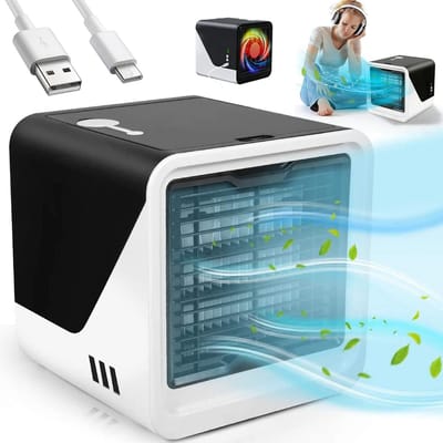 Mobiele Airco - Draagbare Ventilator - Aircooler - Luchtkoeler - Koeling, bevochtiging en luchtzuivering - 500ml - Zwart - 8W - 3 Snelheden & 6 Uur Werktijd - USB Voeding - Geluidsarme werking - Energiebesparend en veilig