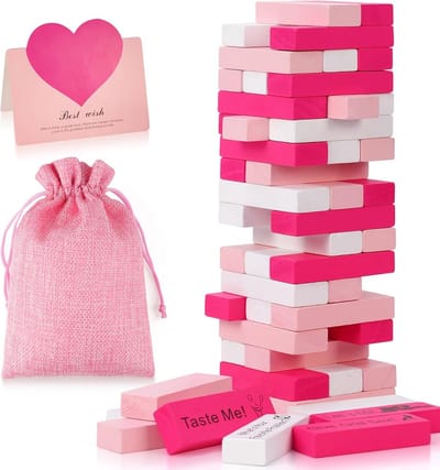 Roze Torenspel - Houtblokken Set - Date Night Spel - 6 DIY Blokken - 54 Stuks - Roze