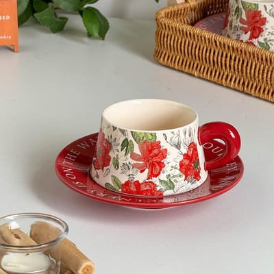 Rode Pioen Keramische Koffiekop Schotel Middag Camelia Theekop Franse Retro Stijl Middeleeuwse Mok High-end Gevoel 260Ml brown
