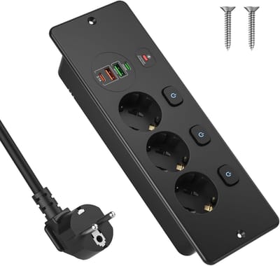 Stopcontact - Inbouwstopcontact - Stekkerdoos voor op het bureau - Stopcontact met drie pinnen - Met 4 USB-C-poorten - Afzonderlijk schakelbaar stopcontact - Geschikt voor keuken, huis en kantoor - Kabel van 2 meter - Zwart