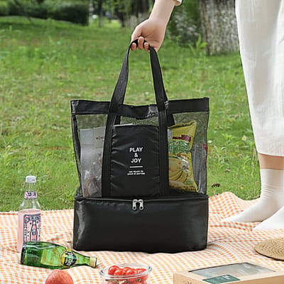 Allernieuwste.nl® PicknickTas StrandTas Koeltas - Ruime Strandtas met Grote Koelruimte 2-in-1 - Kleur Zwart - 37 x 66 x 15 cm