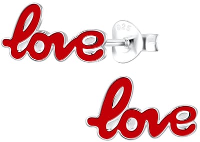 Joy|S - Zilveren LOVE oorbellen - rood - 12 x 7 mm