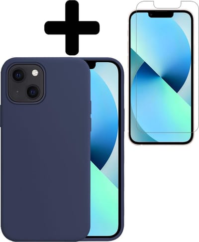 Hoesje - Met Screenprotector - Geschikt voor Apple iPhone 13 Mini - Sterk & Shockproof - Telefoon Hoes - Back Cover - Siliconen Case - Telefoonhoes - Donkerblauw