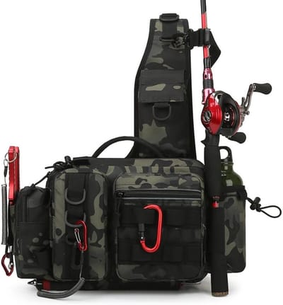 KZQ Waterdichte Fishing Fanny Pack voor Mannen | Visgerei Hip Bag & Sling Rugzak | Met Vishengel Houder (Rod Holster) voor Vissen, Wandelen en Camping | Verstelbaar en Licht