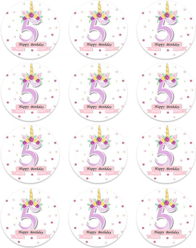DW4Trading Sticker Happy Birthday Eenhoorn 5 Jaar - Ø 4,5 cm - 12 Stuks - Paars