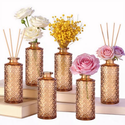 6 stuks kleine glazen vazen in amberkleuren, mini-vazen set 13 x 5 x 5 cm, vintage deco vaas voor pampasgras, rustieke glazen vaas voor tafeldecoratie, bruiloftsdecoratie, tafelopzetstuk