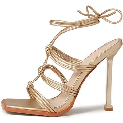 Hoge Kwaliteit Gouden Enkelband Sandalen Dames Vierkante Neus Smalle Band Stiletto Hakken Dames Jurk Pumps Dames Schoenen 36 goud