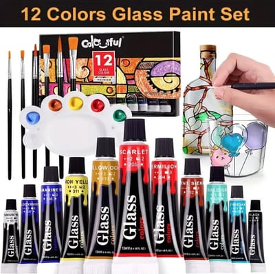 12x12ml Sneldrogende Glasverf Set – Met 6 Penselen & 1 Palet – Waterdichte Transparante Verf voor Glas, Porselein & Keramiek Creatief Schilderen voor Hobby & DIY