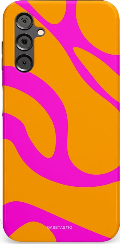Casetastic Hoesje Geschikt voor Samsung A14 (5G/4G) - Stijlvolle Beschermende Duo-layer Case - Zonnige Zebra Roze-Oranje