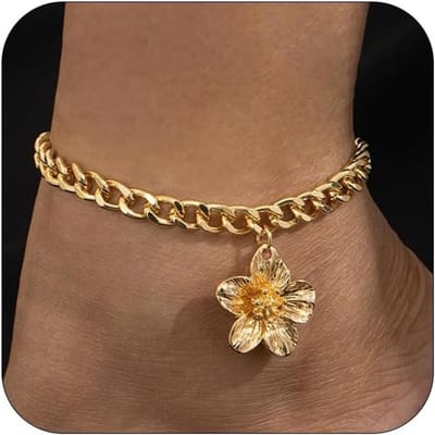 Decoratieve Gouden Enkelband met Bloem Pendant, Dikke Cubaanse Schakelketting voor Vrouwen, Trendy Accessoire voor Elke Gelegenheid
