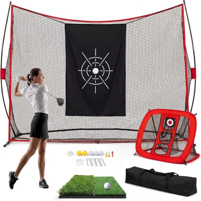 Golfnet Set 304*213*91cm, Golf Oefennet met Mat & Doel, Draagbaar Golf Hitting Net voor Binnen & Buiten, Robust Golf Trainingsnet voor Tuin, Garage & Achtertuin, Rood+Zwart