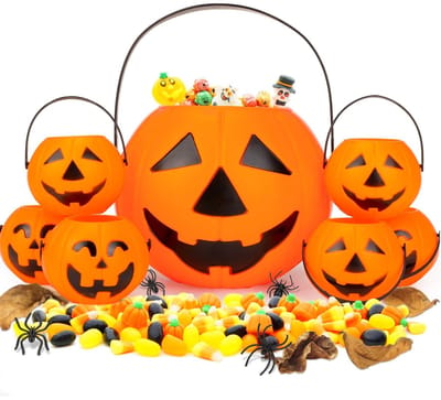 Dailygoods- Pompoen Emmers 7-delig - Halloween Accessoires - Kunststof - Herbruikbaar - Met Handgreep - Perfect voor Snoep - Snoepemmer