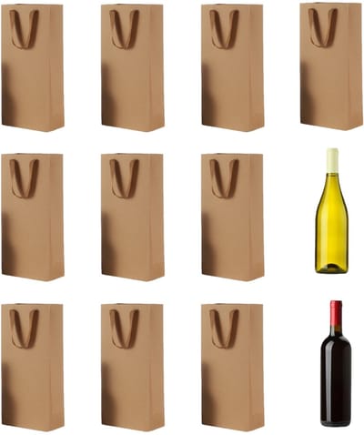 10 stuks - Papieren zak - Rode wijnzak - Wijnzak - Met handvat - Herbruikbare papieren wijnglaszak - Wijnkerstcadeauzak - Geschikt voor dubbele fles wijngeschenkzak, ambachtelijke flessenzak - 17*35*9 cm - Bruin