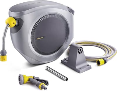 Tuinslanghaspel Automatisch Oprolbaar – Wandmontage – 180° Draaibaar – 8 Sproeistanden – Vergrendelbaar – 35 m + 2 m Slangset