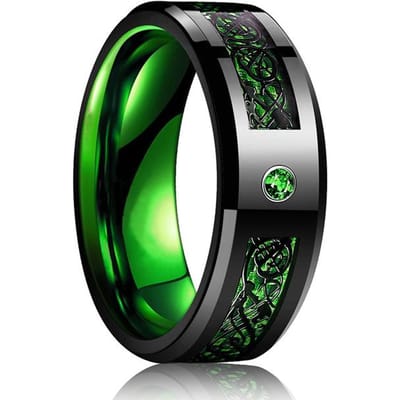 Mode Zwart Wolfraam Bruiloft Keltische Draak Ringen Voor Mannen Ingelegd Groene Zirkoon Punk Mannen Rvs Groene Koolstofvezel Ring 10 black
