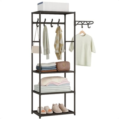 Lomera Metalen Kledingrek - Kledingrek Met Planken - 3 Legplankjes - Garderoberek - Zwart Metaal - Non-Woven Planken - Opbergruimte Voor Kleding - Metalen Frame - Zwart Kledingrek
