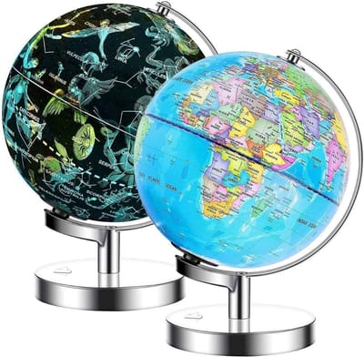 TIM® Verlichte wereldbol - Wereldbol - Kinderwereldbol - Diameter 23 cm - Dag en nacht - Veelkleurig - 32cm x 24cm x 23cm