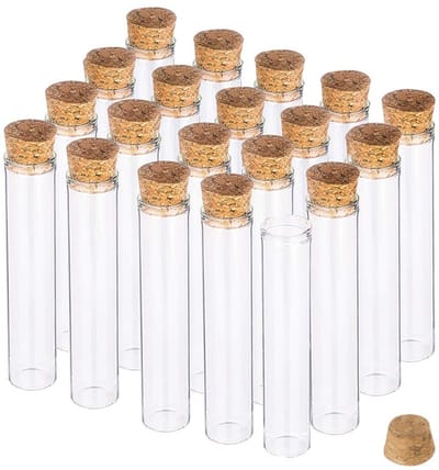 Dailygoods- Reageerbuisjes 30 ml met kurkstop - Glazen mini-flesjes - 20 stuks - Voor laboratorium/feestartikelen - Perfect voor creatief gebruik - Helder en plat