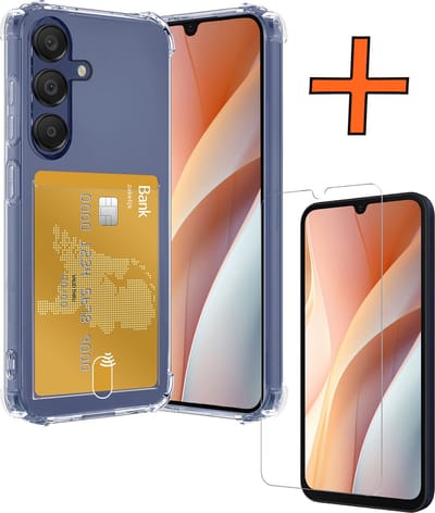 Hoes - Geschikt voor Samsung Galaxy A15 - Met Screenprotector - En Pashouder - En Kaarthouder - Telefoon Hoesje Shockproof - Siliconen Case - Back Cover - Shock Proof - Pasjes Houder - Transparant