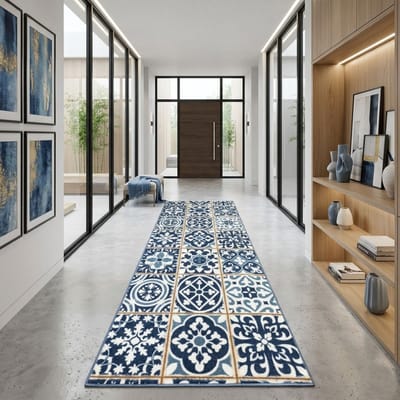 FLOORDIREKT Tapijtloper Swansea - Vloerkleed met Azulejos-Look - Blau/Wit - Eenvoudig te Reinigen & Modern - Keukenloper - 80 x 100 cm