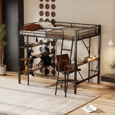 MODFU Hoogslaper 90x200 cm – Zwart metaal met bureau & 3 planken – EN747 veilig – Ruimtebesparend