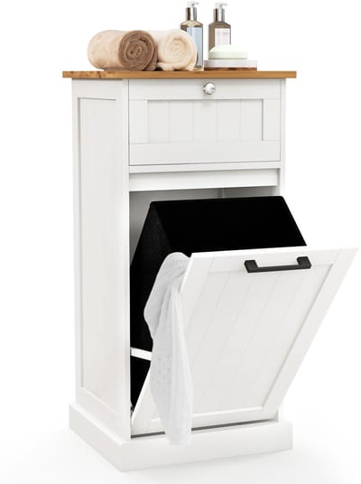 COSTWAY Waskast met wasmand, wasverzamelaar met lade, tafelblad van bamboe, badkamerkast, badkamerkast voor badkamer, waskeuken, 40 x 37 x 82 cm, wit