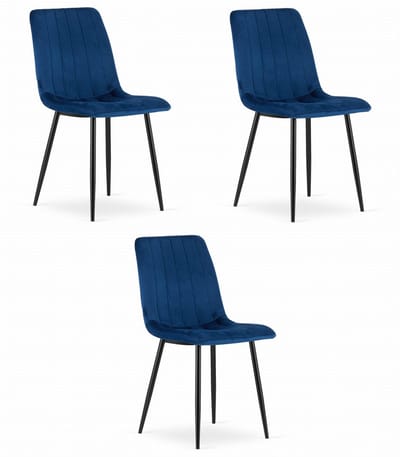 Set van 3 Eetkamerstoelen LAVA - Donkerblauw - Zwarte Metalen Poten - Velvet Bekleding - Industriële Stijl, Max. 110 kg, Ergonomisch Design, Comfortabele Zitting