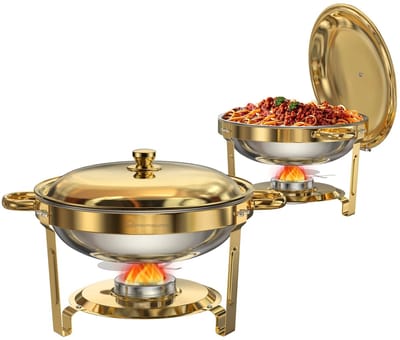 DIMICO - Ronde Chafing Dish Buffet 4,7 Liter - Verguld RVS Voedselwarmer met Deksel - Warmhouder voor Buffet, Feest, Bruiloft