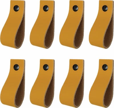 8x Leren handgrepen 'de lus' XS - OKERGEEL (12,6 x 2,5 cm) - incl. 3 kleuren schroefjes (handgreepjes - leren grepen - greepjes - leren lusjes)