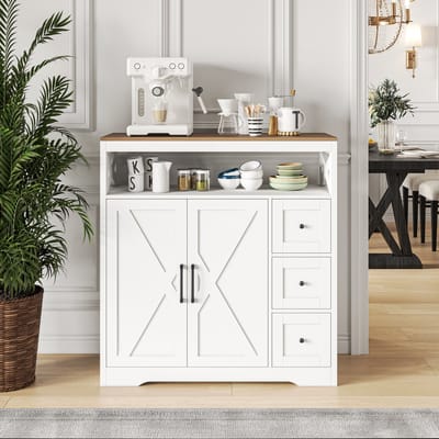 Keukenkast, dressoir met lades, opbergkast met 2 deuren en 3 kleine lades, verstelbare plank, landelijke stijl, voor woonkamer, keuken, eetkamer, 140 x 40 x 105 cm, vintage wit/honingbruin (splitsen voor 2 pakketten voor verzending)