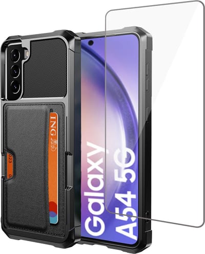 Pasjes houder Hoesje geschikt voor Samsung A54 + Screenprotector - Heavy Duty Case - Magnetisch Portemonnee Hoesje Cover - Gehard Glas Cover - Zwart