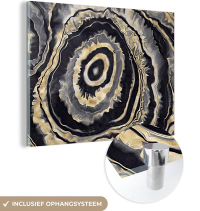 MuchoWow® Glasschilderij 120x90 cm - Schilderij acrylglas - Agaat - Goud - Geode steen - Marmer - Foto op glas - Schilderijen