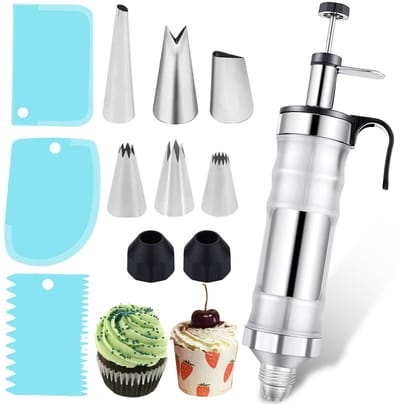 Dailygoods- Taartpomp roestvrij staal - Spuitmondjes set 6 - Professionele gebakspuit - Herbruikbare bakaccessoires - Decoreren van taarten - Inclusief spatels - Spuitmond