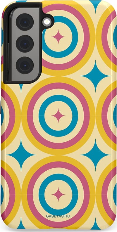 Casetastic hoesje geschikt voor Samsung Galaxy S22 - Dubbellaagse bescherming - Swinging Retro Boogie Circles - Fashion Case - Crème Goud Lichtblauw Koraal