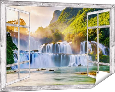 Gards Tuinposter Doorkijk Watervallen tussen de Bomen - 120x80 cm - Tuindoek - Tuindecoratie - Wanddecoratie buiten - Tuinschilderij