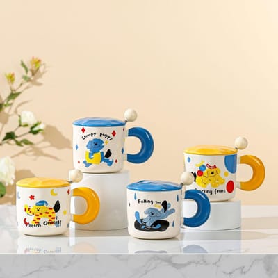Schattige Cartoon Creatieve Mok Hond Keramische Kop met Deksel Lepel Huishoudelijke Kop Cadeau Meisje Waterbeker Koffiekop 301-400ml beige
