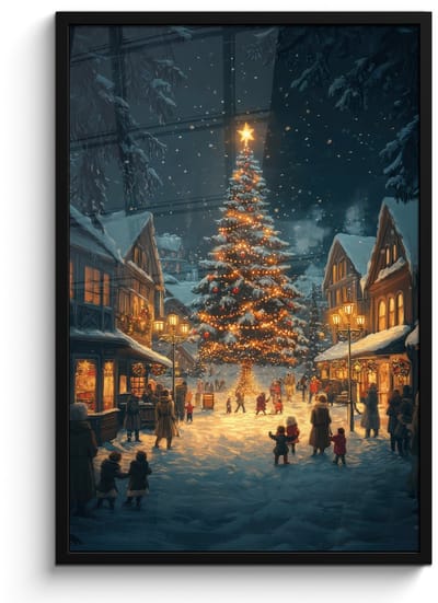 Poster in lijst - Fotolijst 60x90 cm - Posters - Kerstfeest - Dorp - Donker - Posterlijst zwart - Decoratie - Wanddecoratie woonkamer - Muurdecoratie slaapkamer - Kerstversiering - Kerstdecoratie voor binnen - Kerstmis